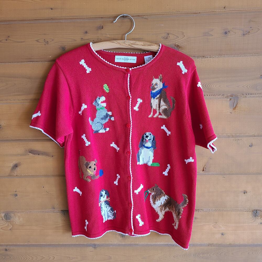 Vintage Dog Sweater Top Button Cardigan Short Sleeve Bones Shepherd Collie Large - Picture 2 of 4